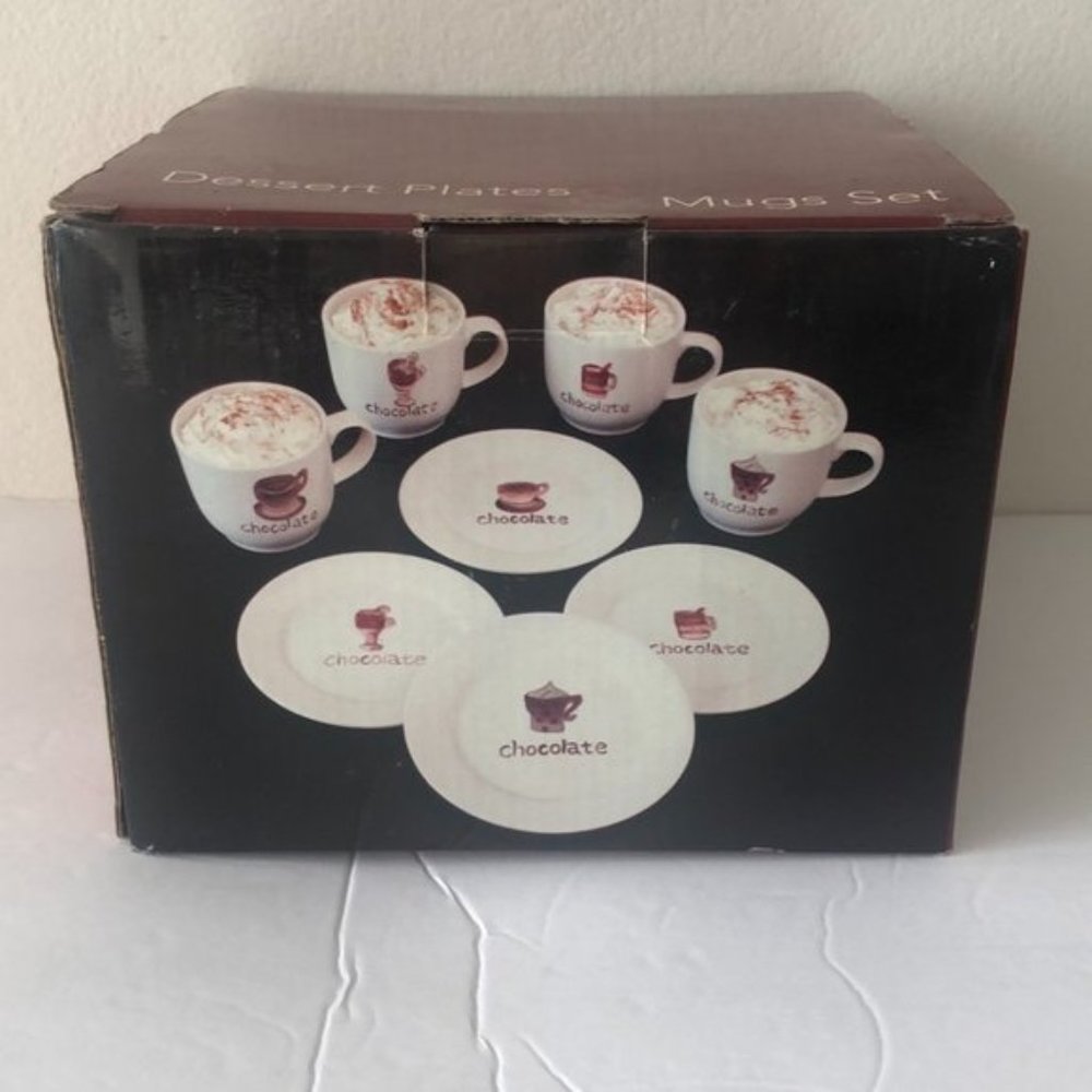 Set of 4 Dessert Plates & 4 Mugs Set White & Brown in Box